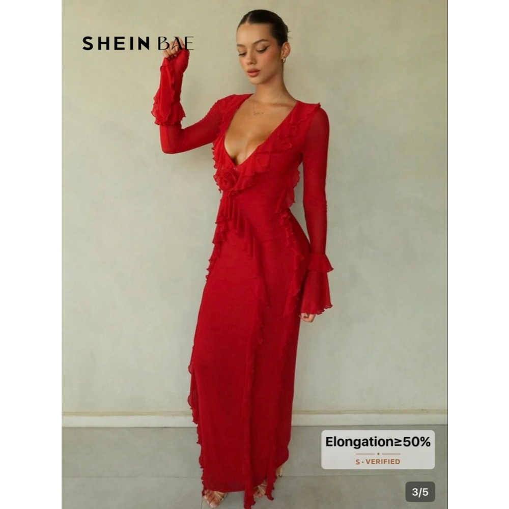SHEIN Red Ruffle Long Sleeve Mesh Maxi Dress Size 6 - Picture 3 of 16